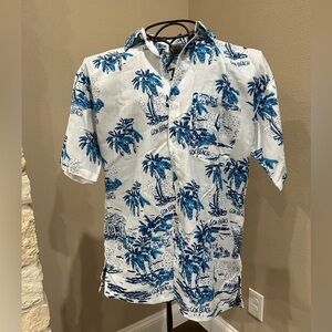 VINTAGE Goa Beach Map blue/white Hawaiian print shirt, EUC!